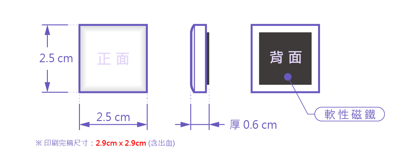 PrintMIX 胖米好印 客製化陶瓷磁鐵-方形 2.5cm 規格示意