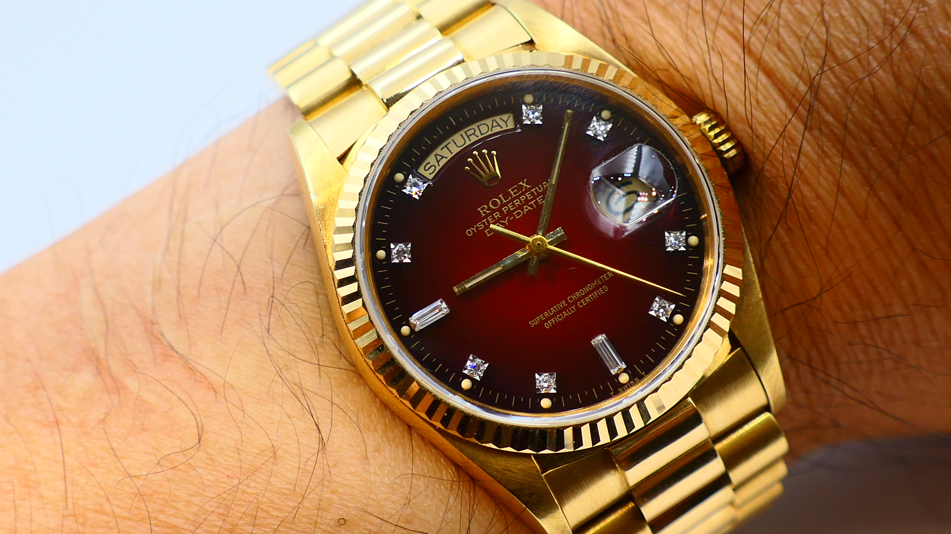 【美好時光】ROLEX勞力士罕見近新品相18038盒單全初代漸層紅面超美品！