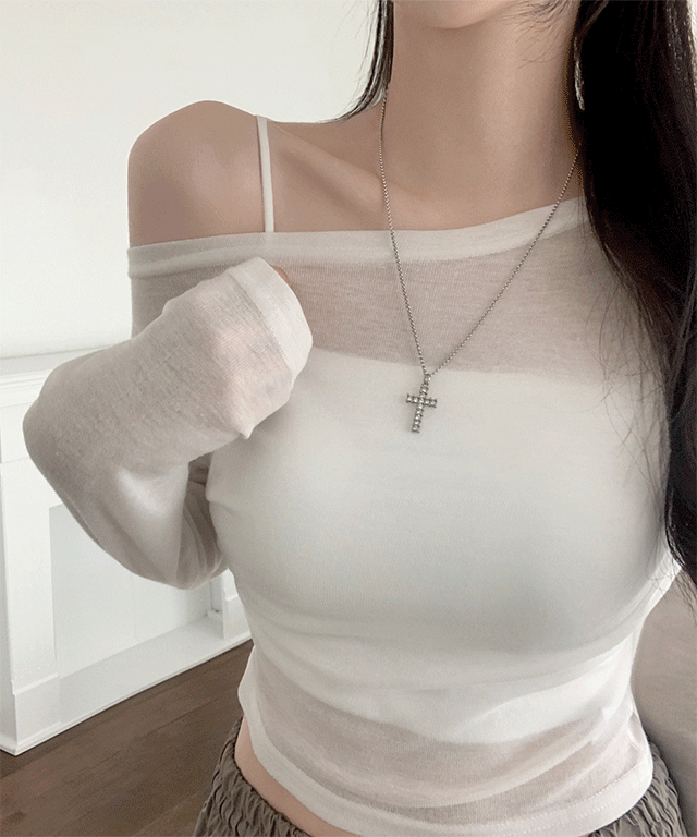 [層疊式單品！]/透視] MARY 透裏 單肩 短身長 長袖 T恤 無紋 露肩 分層 夏季 長袖