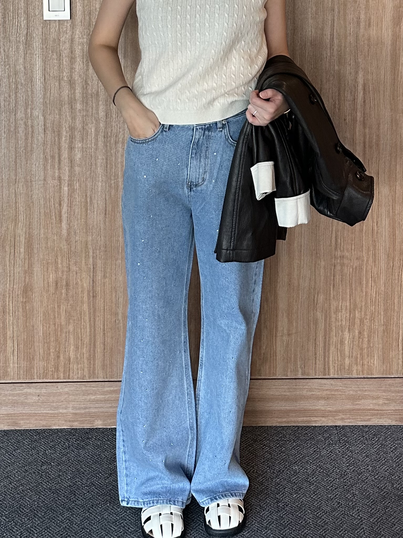 KR03 鑽石拼接直筒丹寧褲2