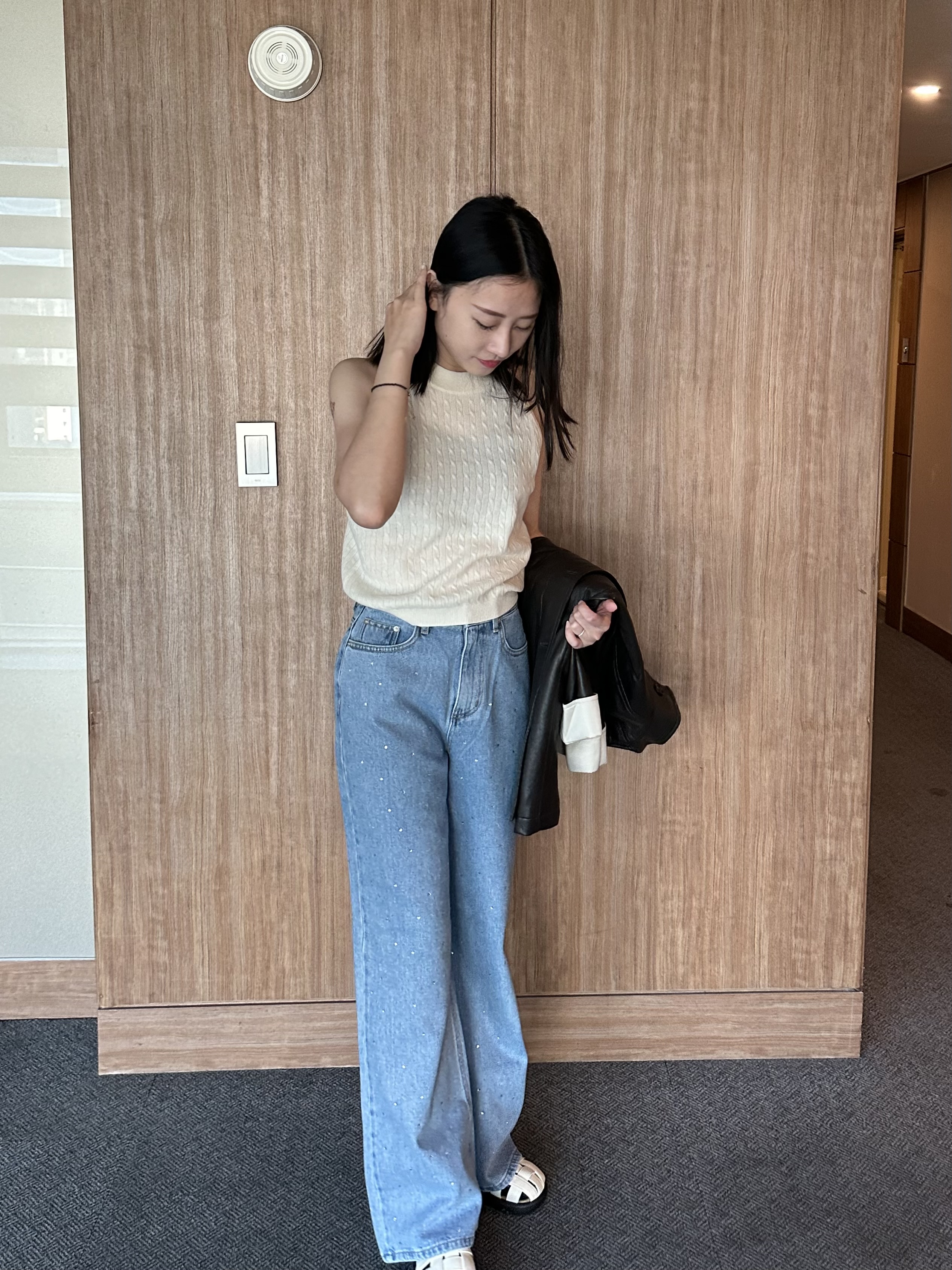 KR03 鑽石拼接直筒丹寧褲