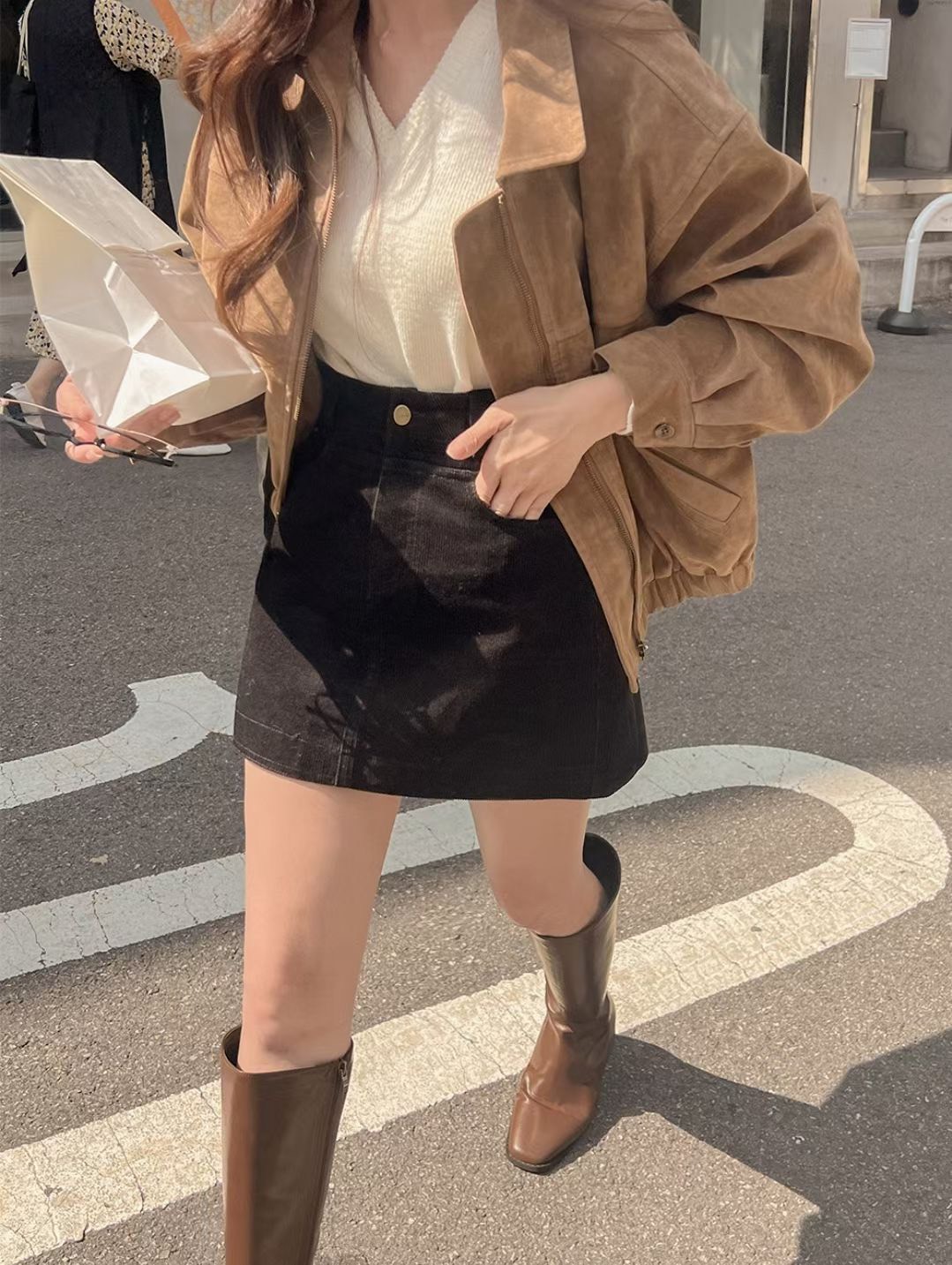 落肩麂皮拉鍊夾克外套