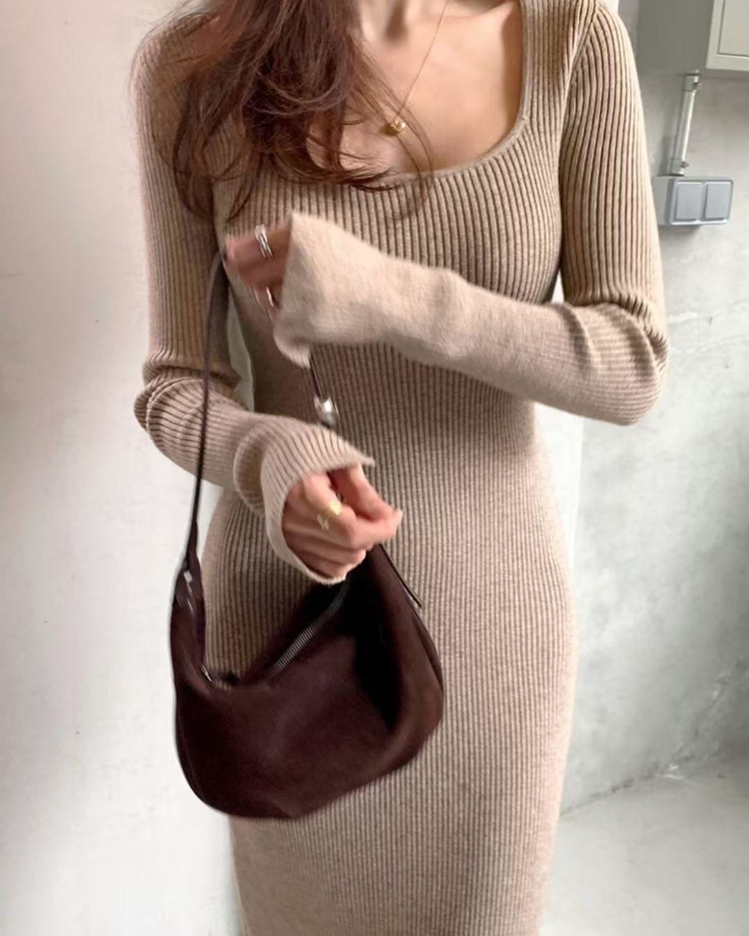 大方領針織坑條長版洋