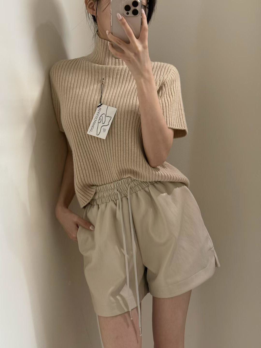 高領坑紋素色短袖針織衫