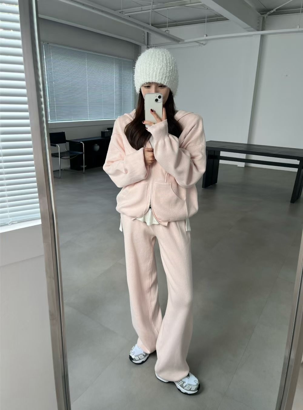 雙向拉鍊壓線連帽針織外套＋落地長褲SET