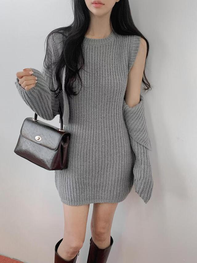 粗針織短版罩衫＋背心短洋SET