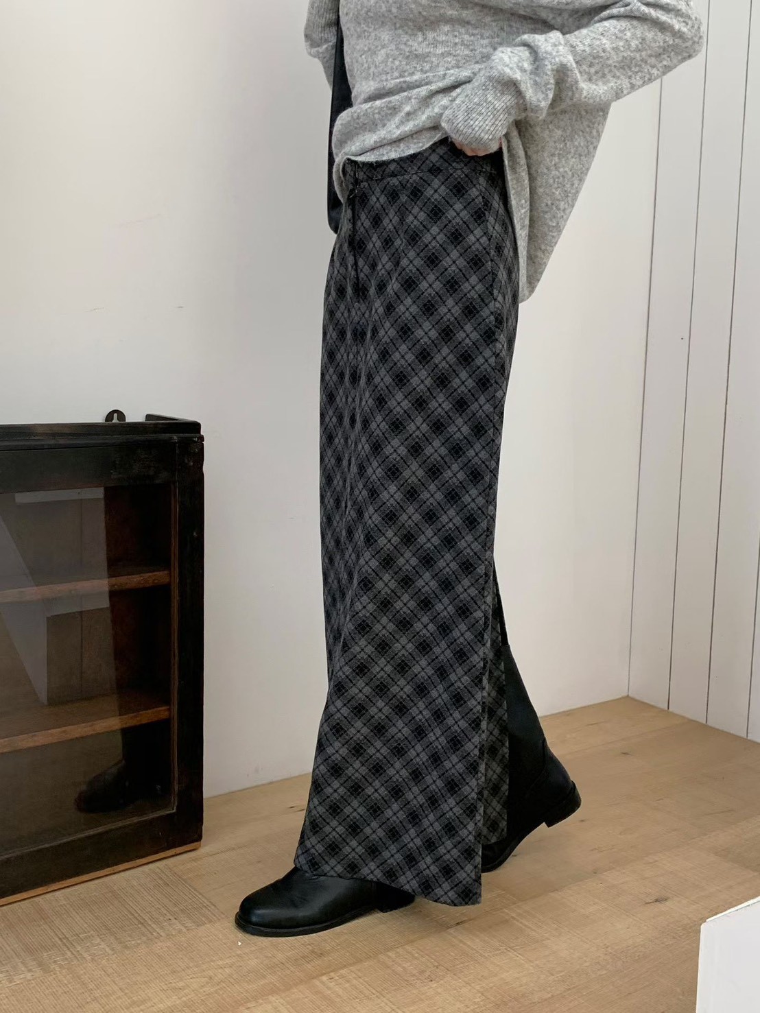 高腰隱藏釦菱格紋磨毛長裙