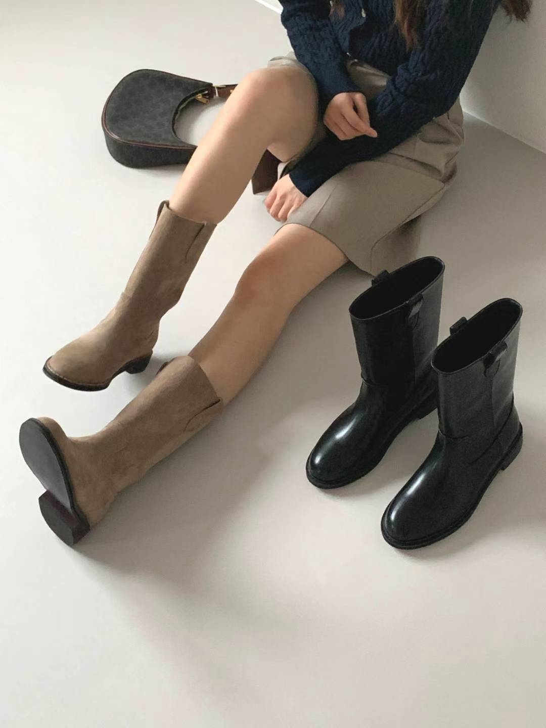 秋冬色！基本素面低跟中筒靴