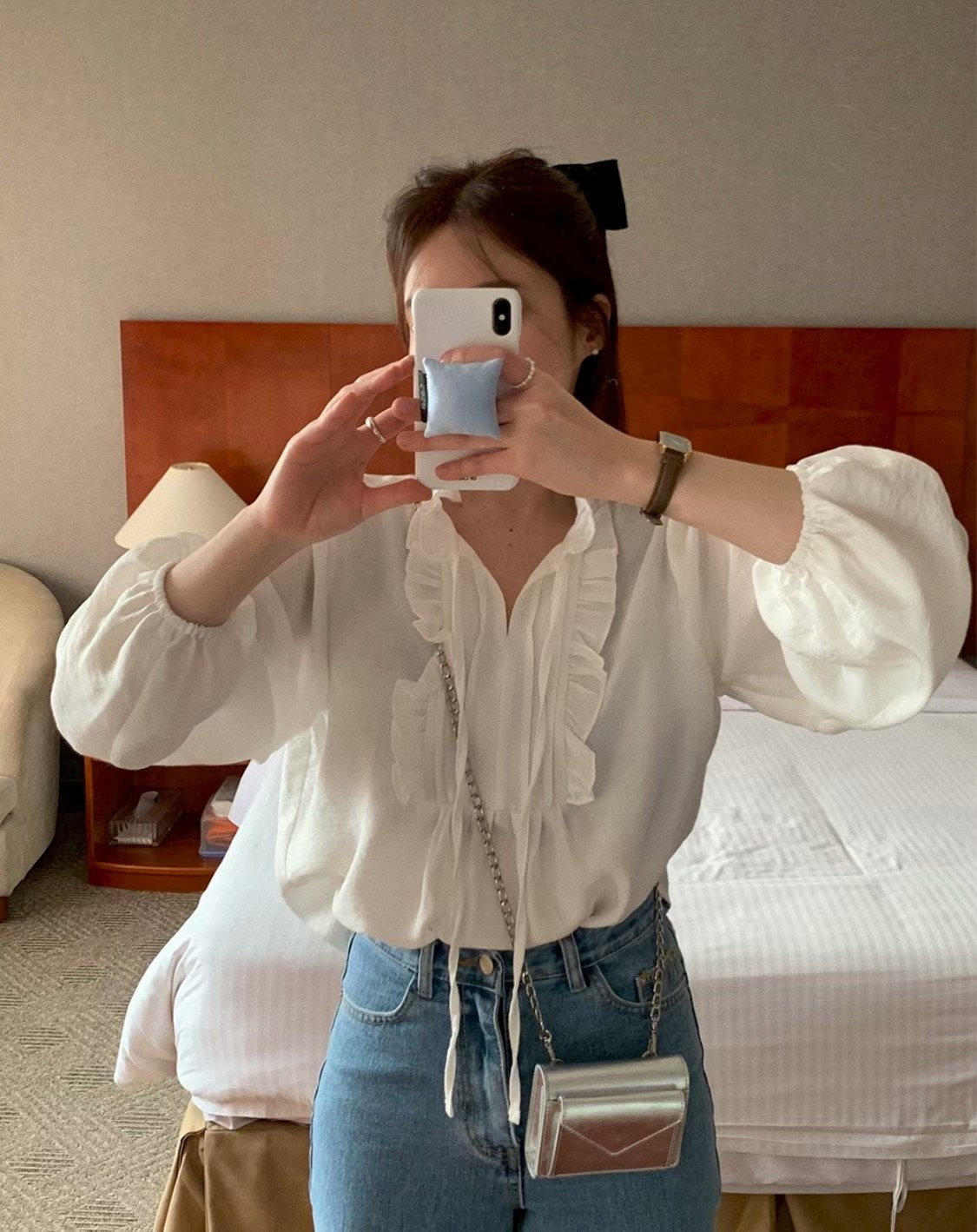 荷葉領前綁結雪紡衫