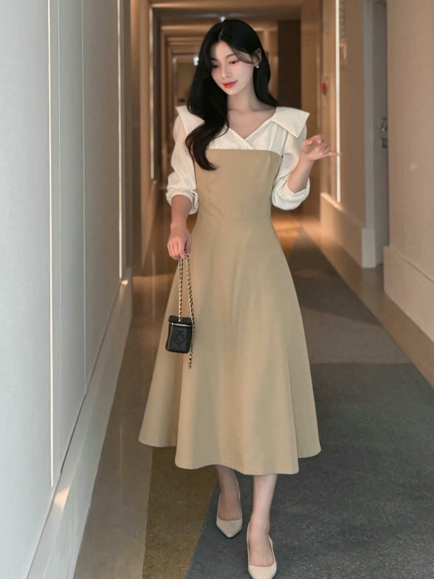 翻領層次拼接傘擺長洋