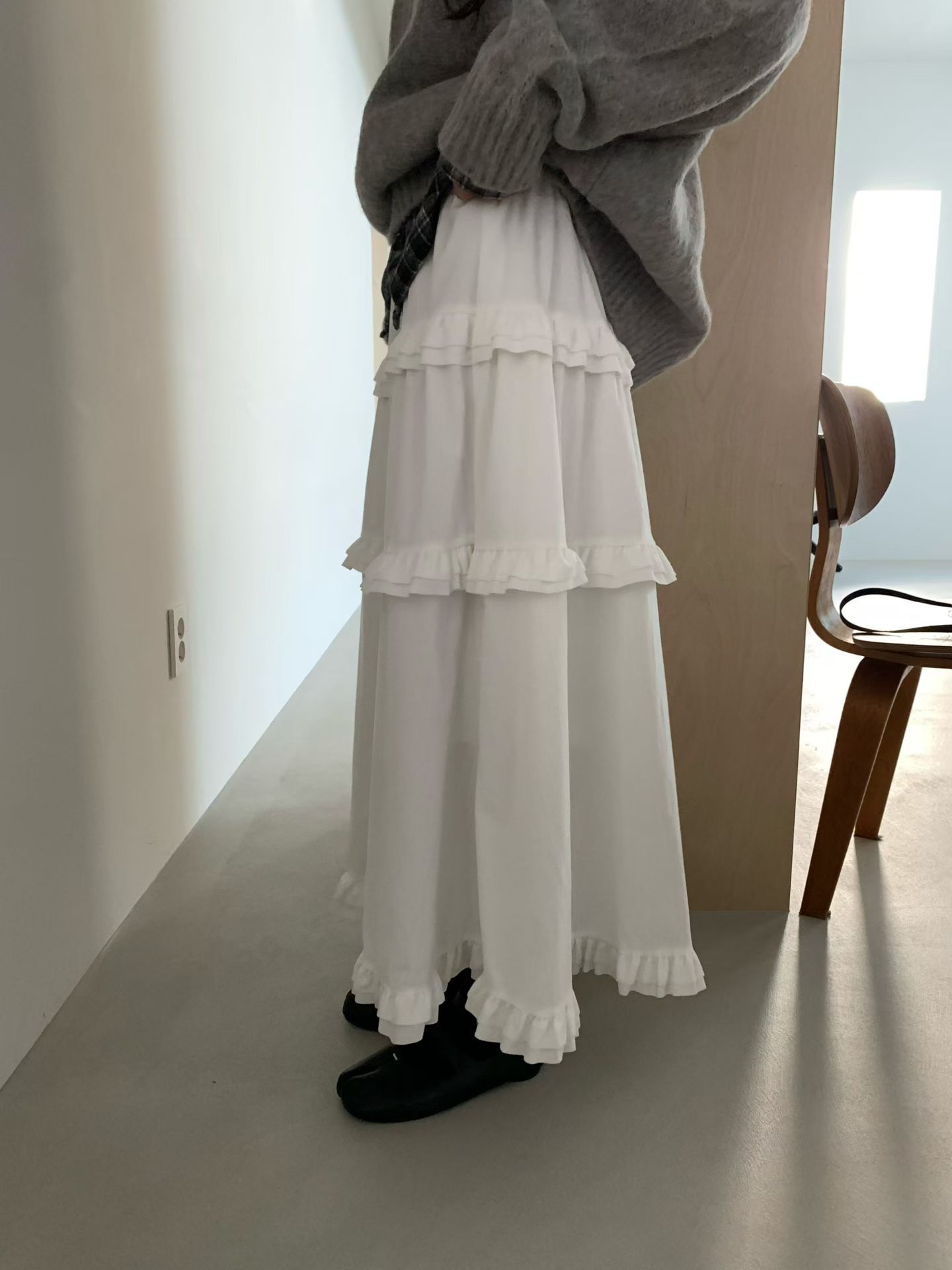 絨面荷葉滾邊鬆緊長裙