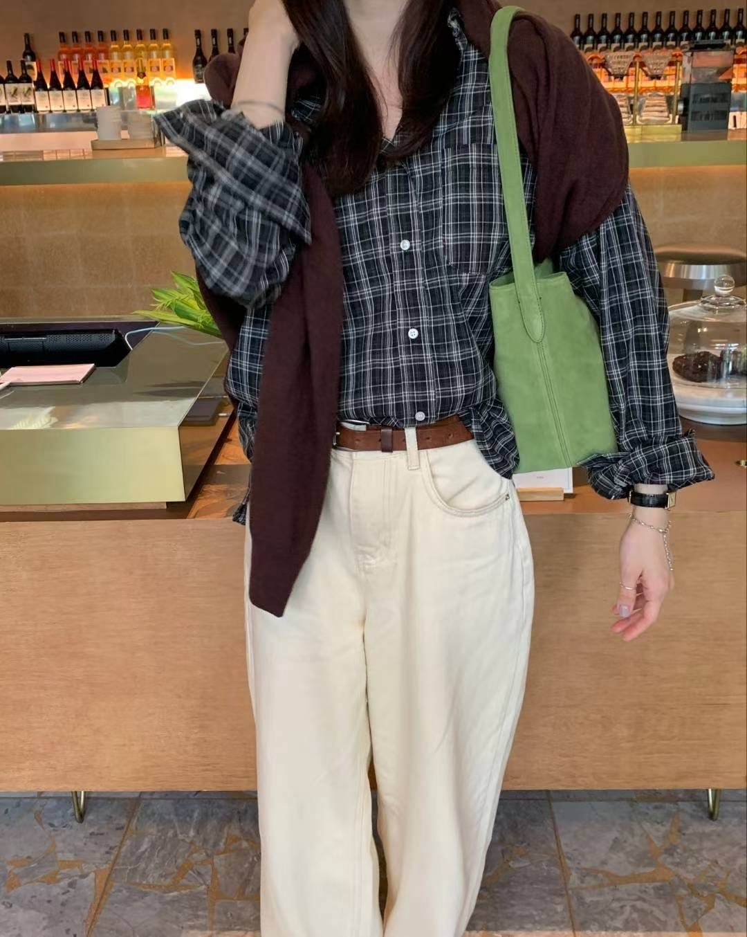 經典格紋配色棉麻襯衫