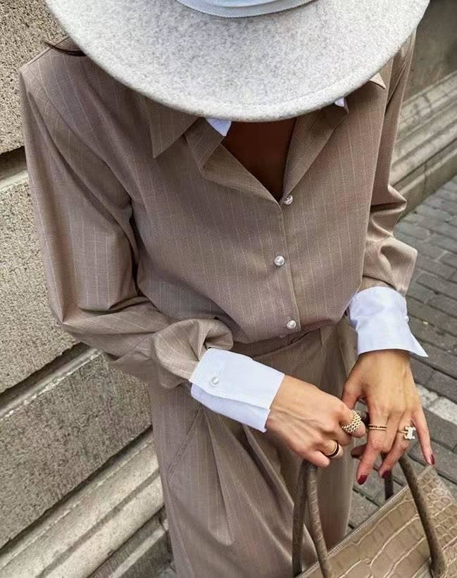 個性OL條紋襯衫+長褲SET