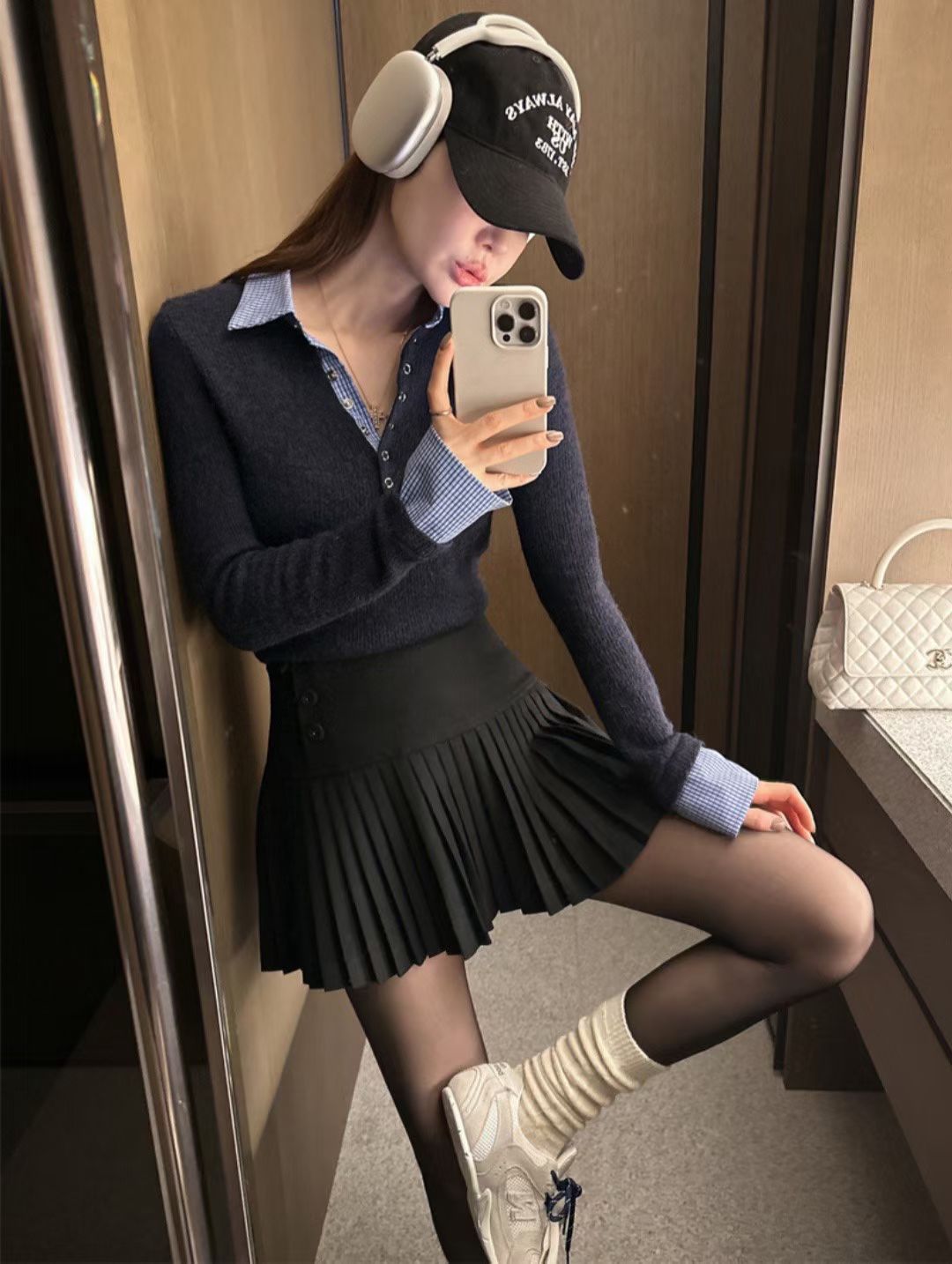 拼接格紋排釦領針織衫