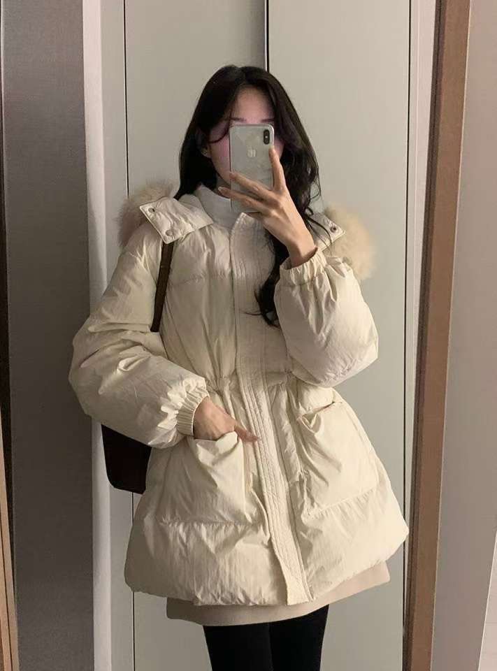 可拆狐狸毛連帽縮腰鴨絨外套（鴨絨100%)