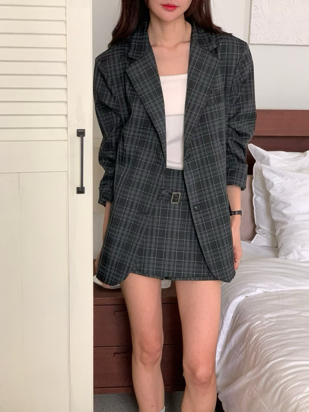 格紋薄西裝外套＋方頭腰帶短裙SET(可拆買）