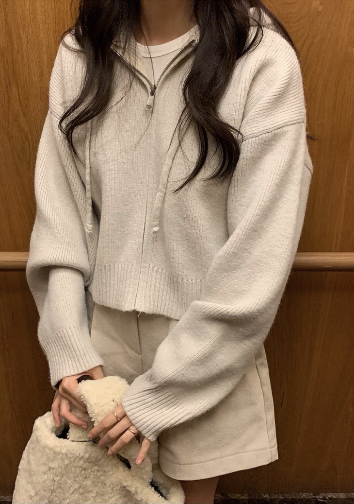 短版抽繩連帽針織外套