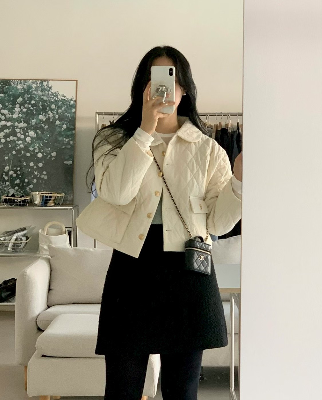 娃娃領菱格紋金釦輕薄羽絨外套