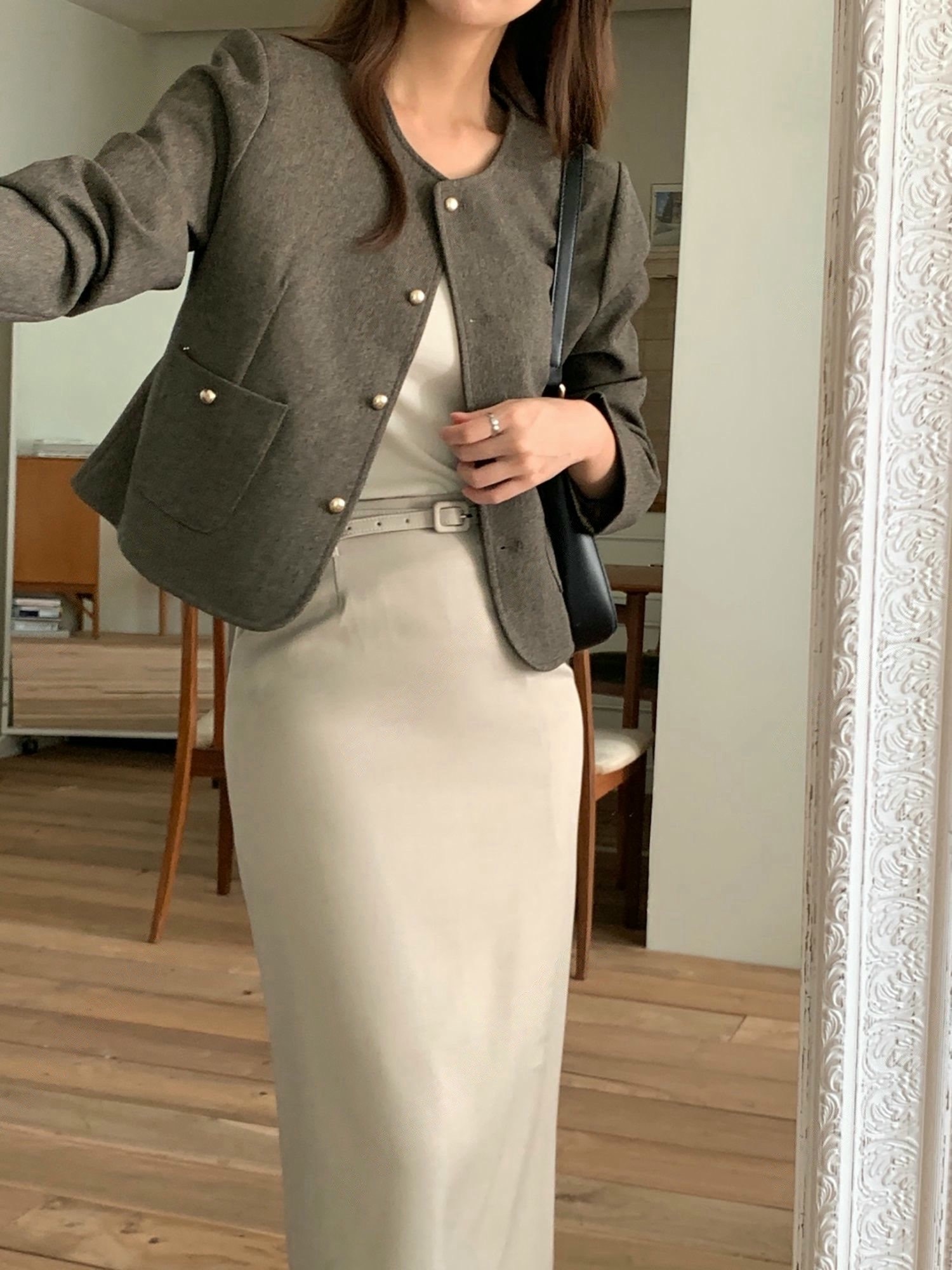 雙口袋圓領銀釦織紋外套