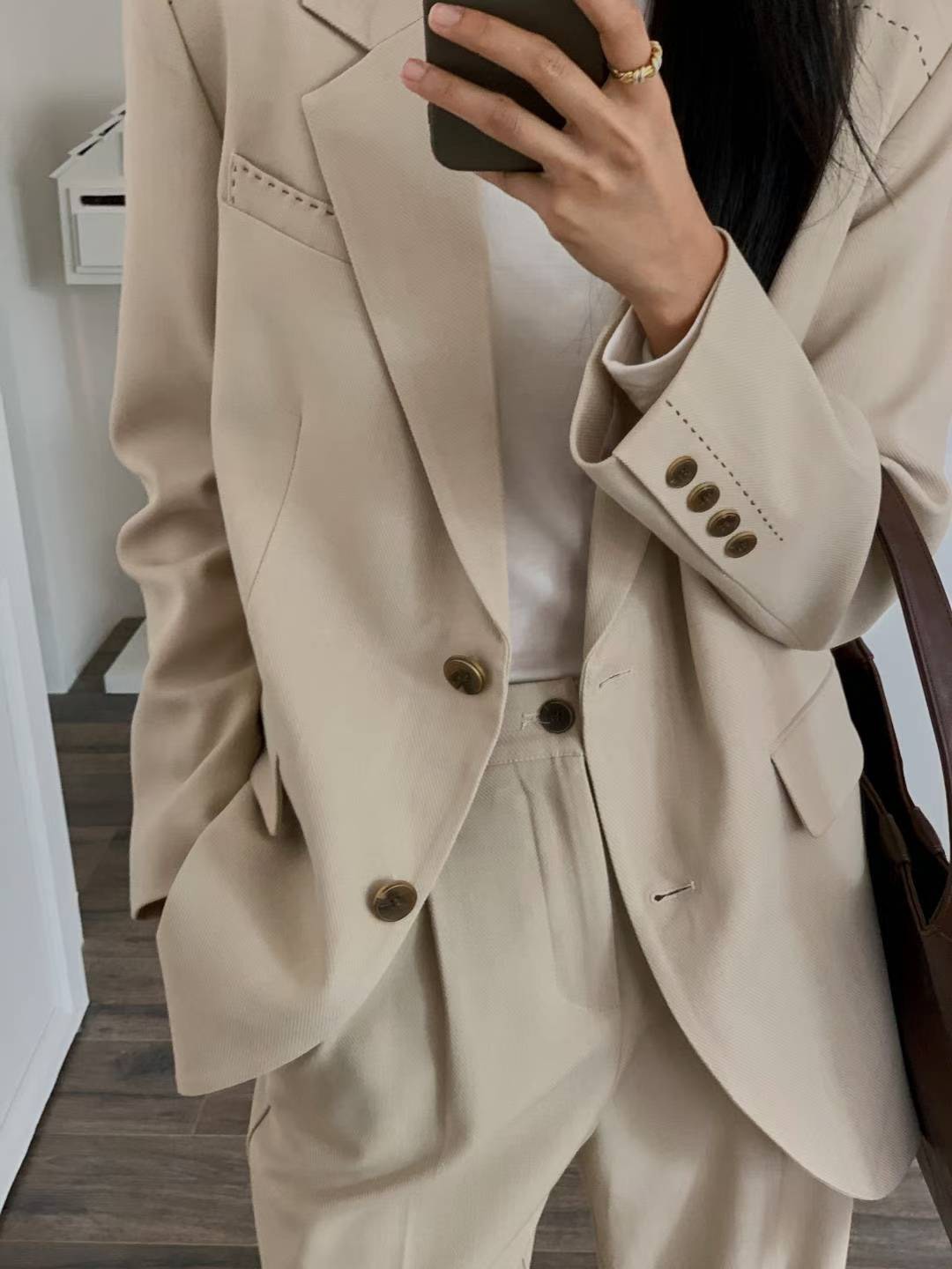 虛線滾邊墊肩西外+單釦落地西褲SET(可拆買）