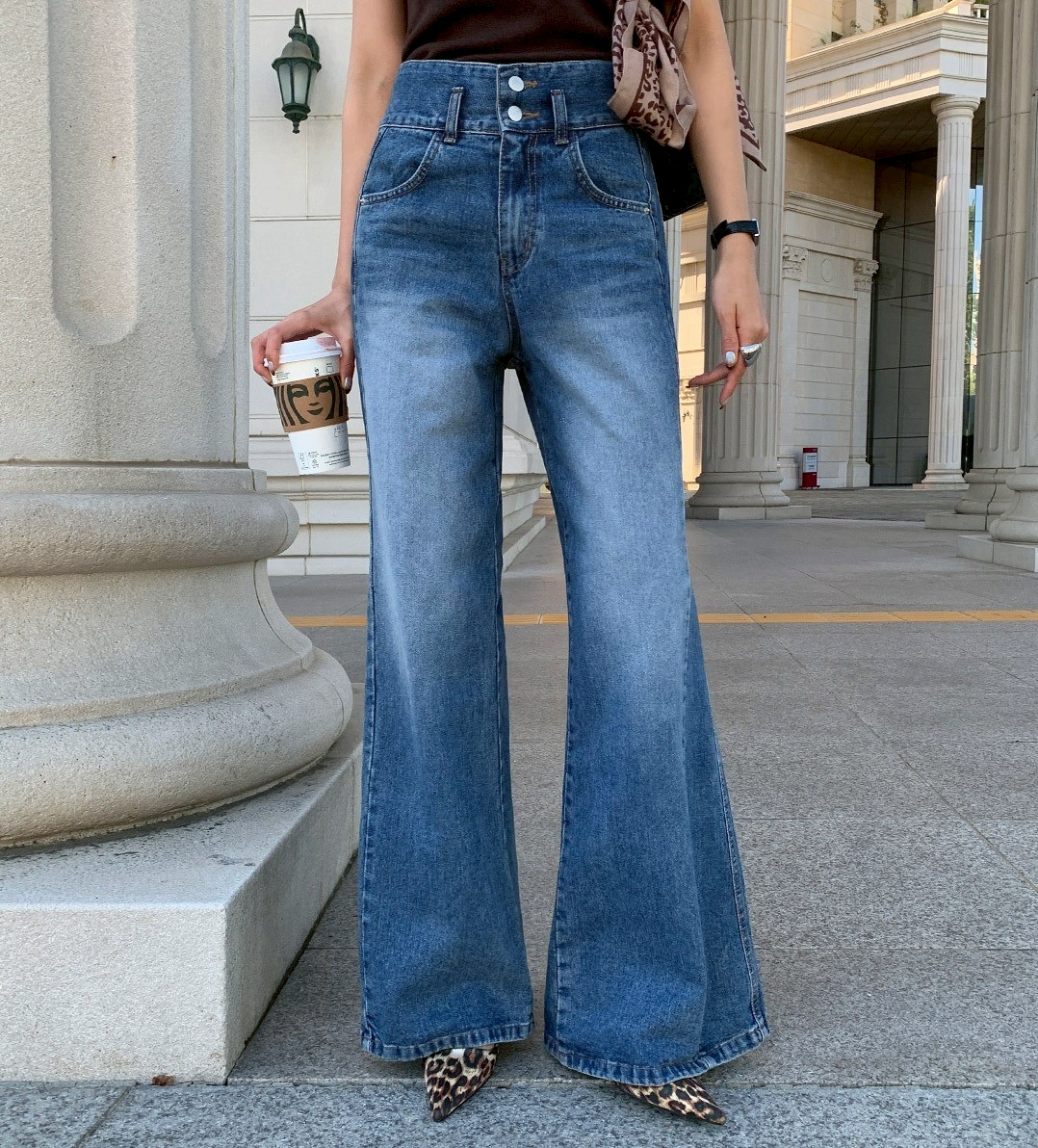 雙排扣高腰牛仔寬褲