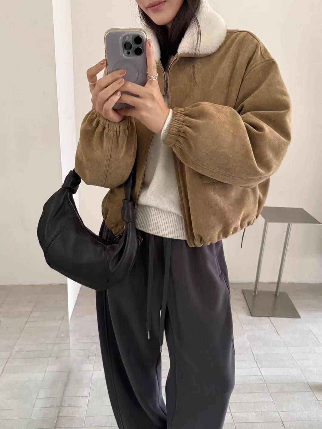 拼接毛麂皮內鋪棉外套