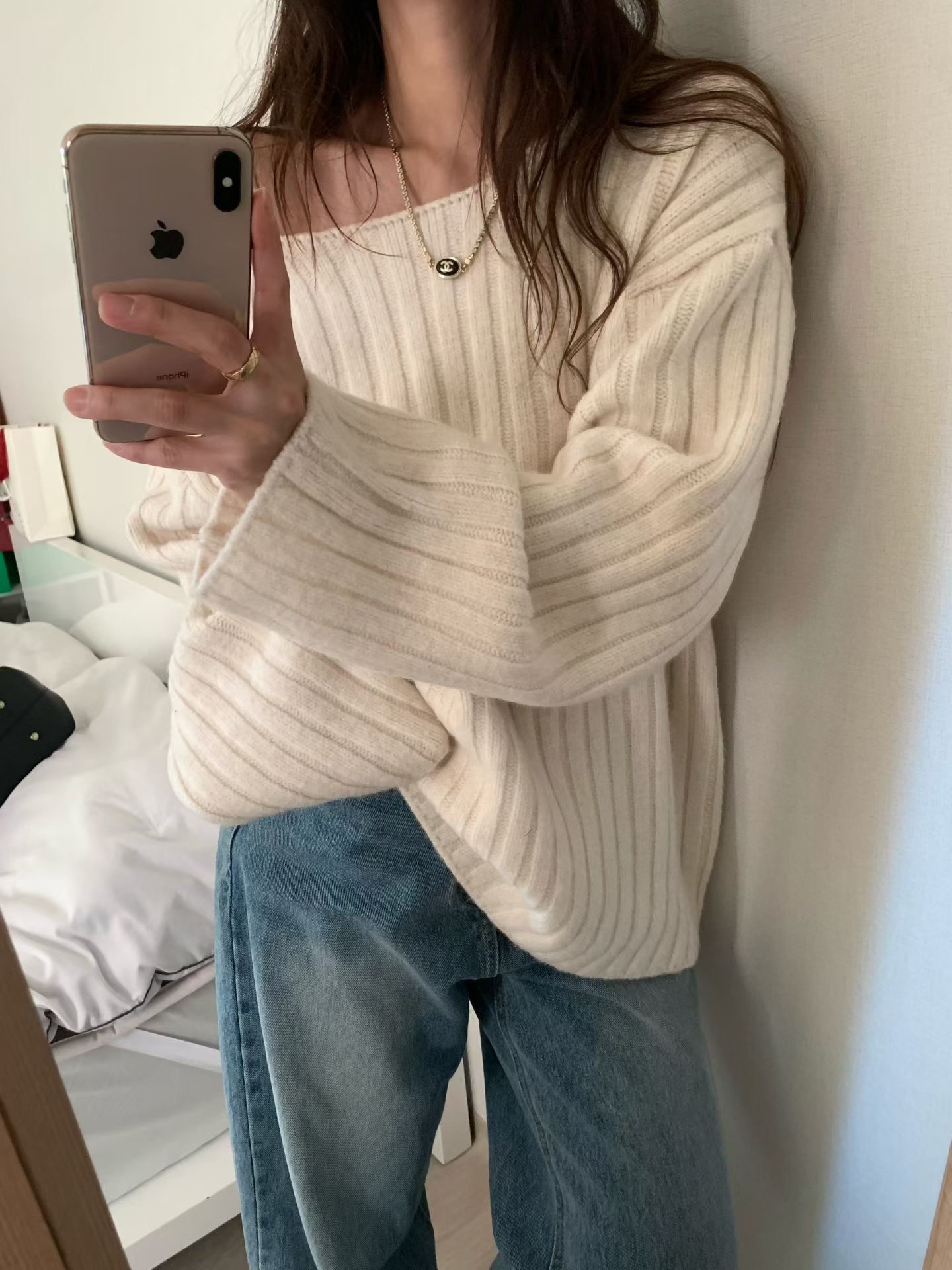 落肩厚磅坑紋長款針織衣