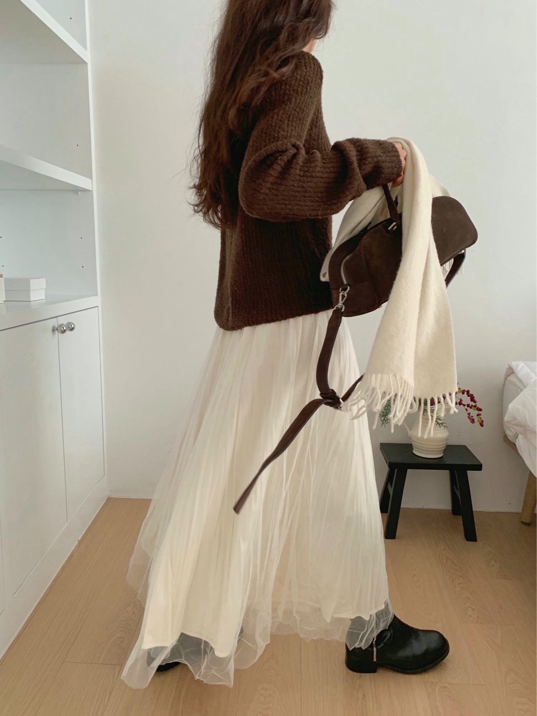 壓紋絨面料拼接網紗長裙