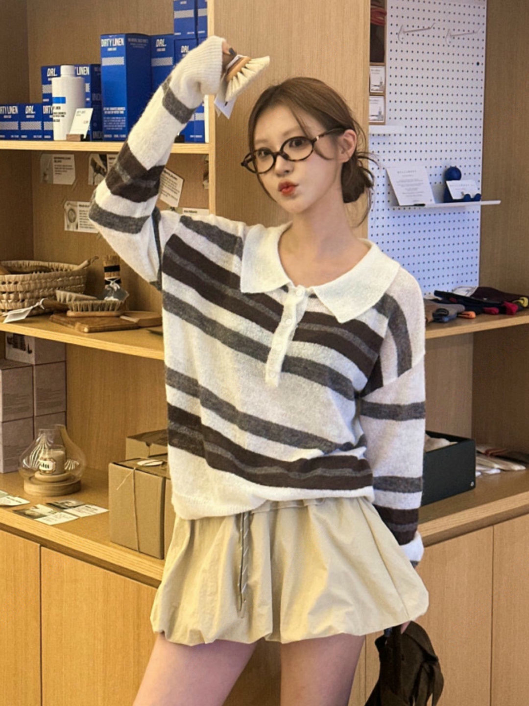 排釦領配色條紋寬鬆針織衣