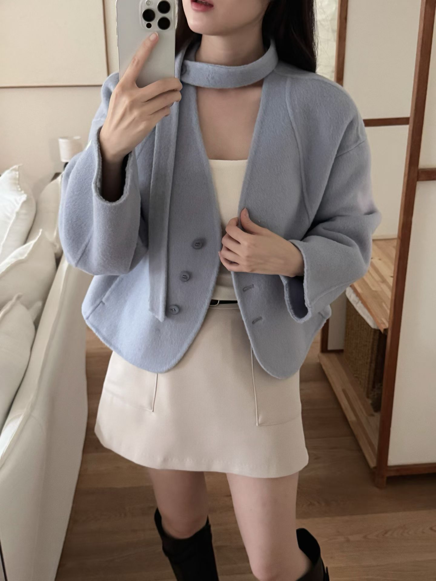 無領排釦短版款魔毛大衣（附綁帶)