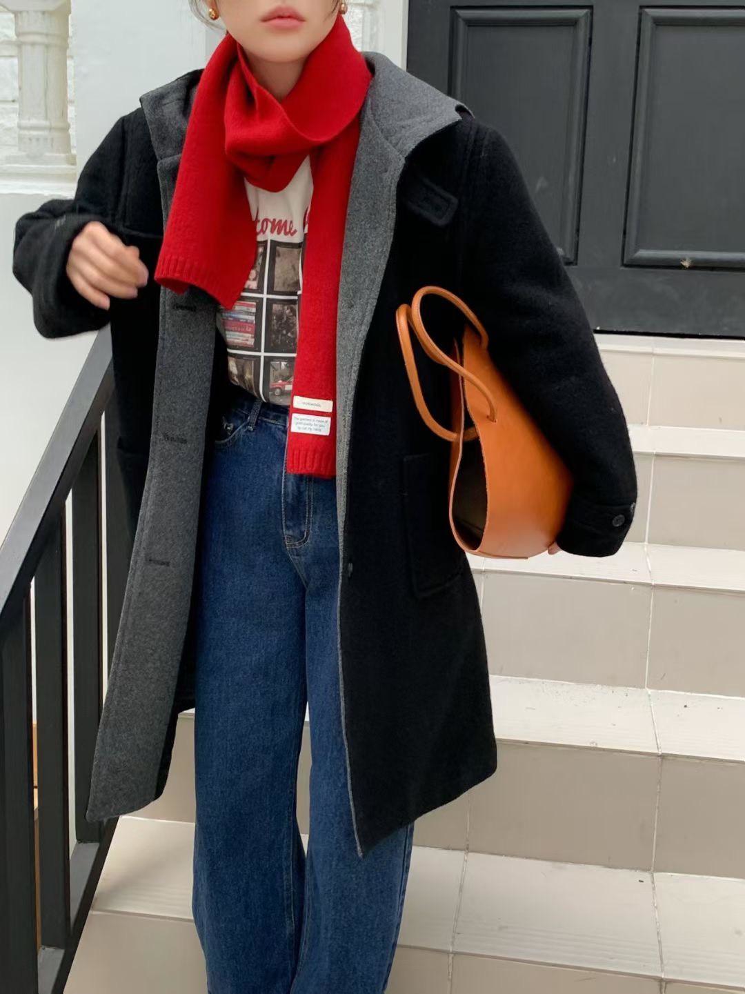 俏皮保暖撞色連帽大衣