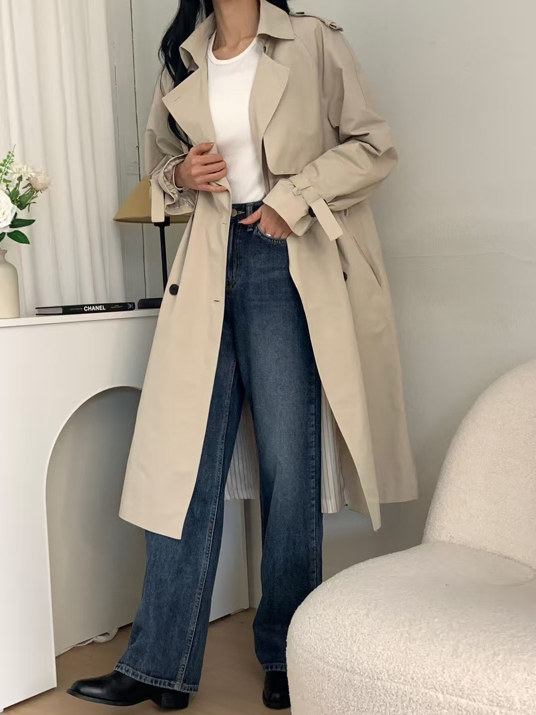 現貨淺色長版風衣外套