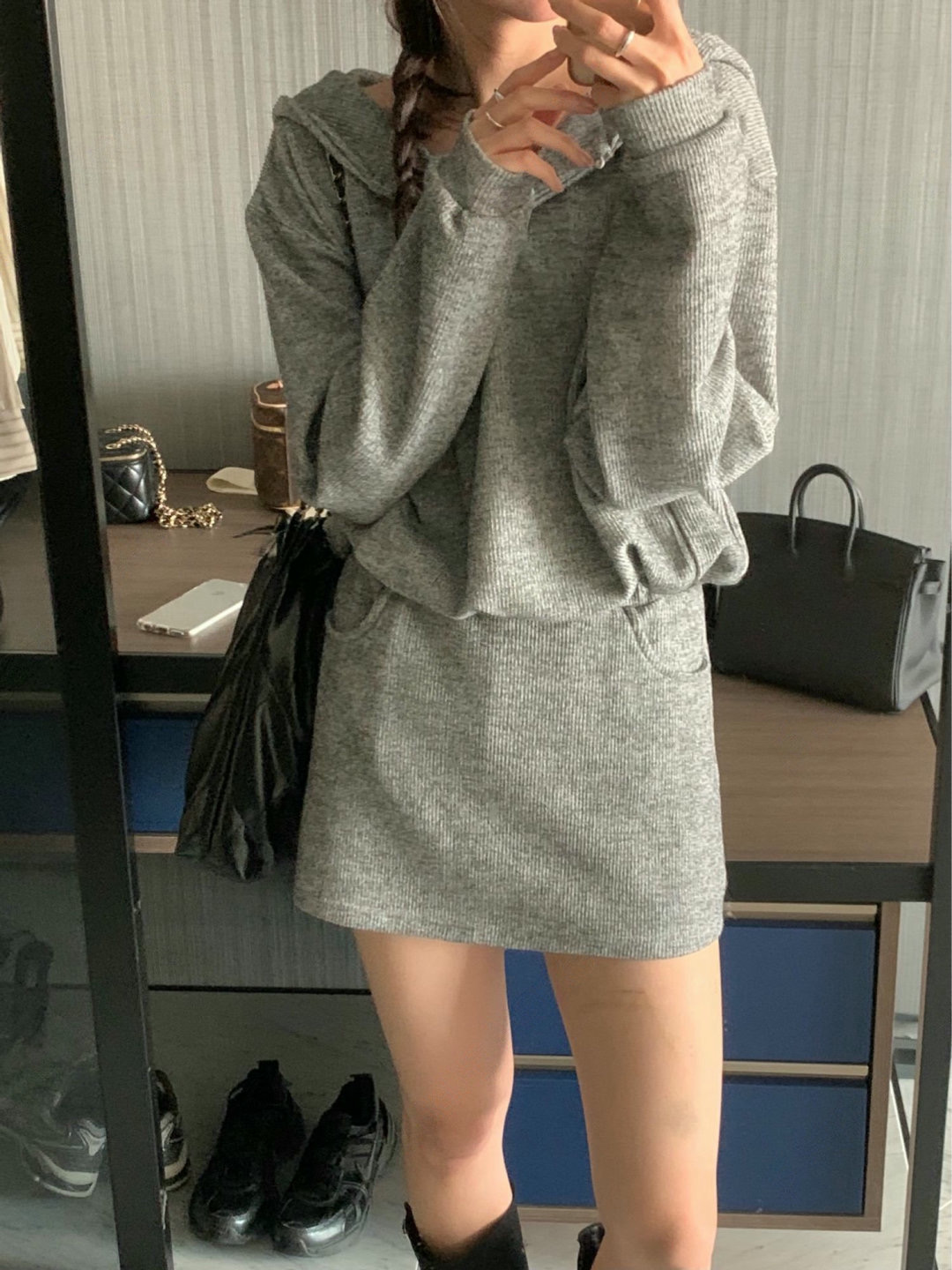 縮腰連帽大學Ｔ+鬆緊短褲裙SET