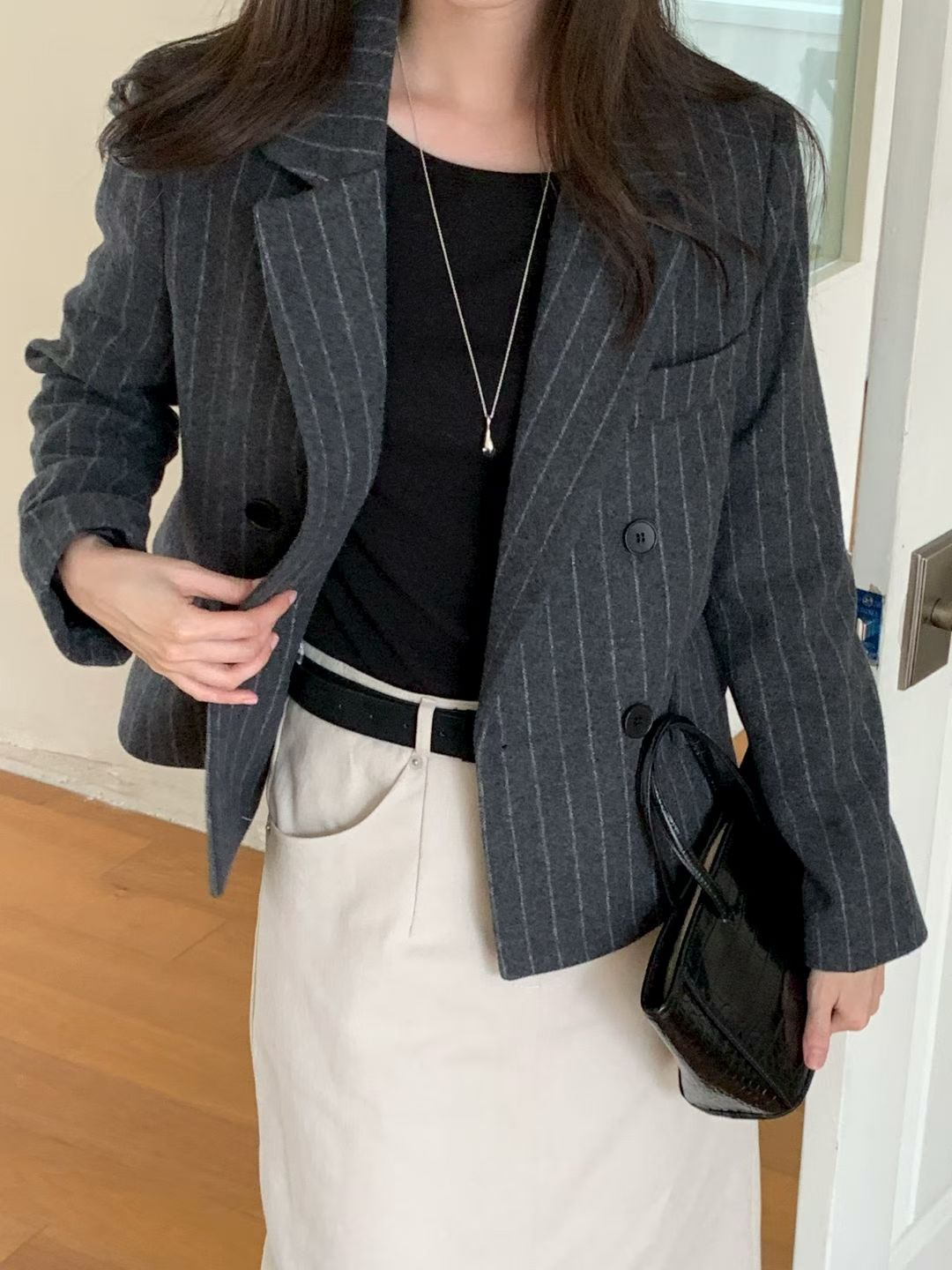 刀領直紋羊毛50％西裝外套