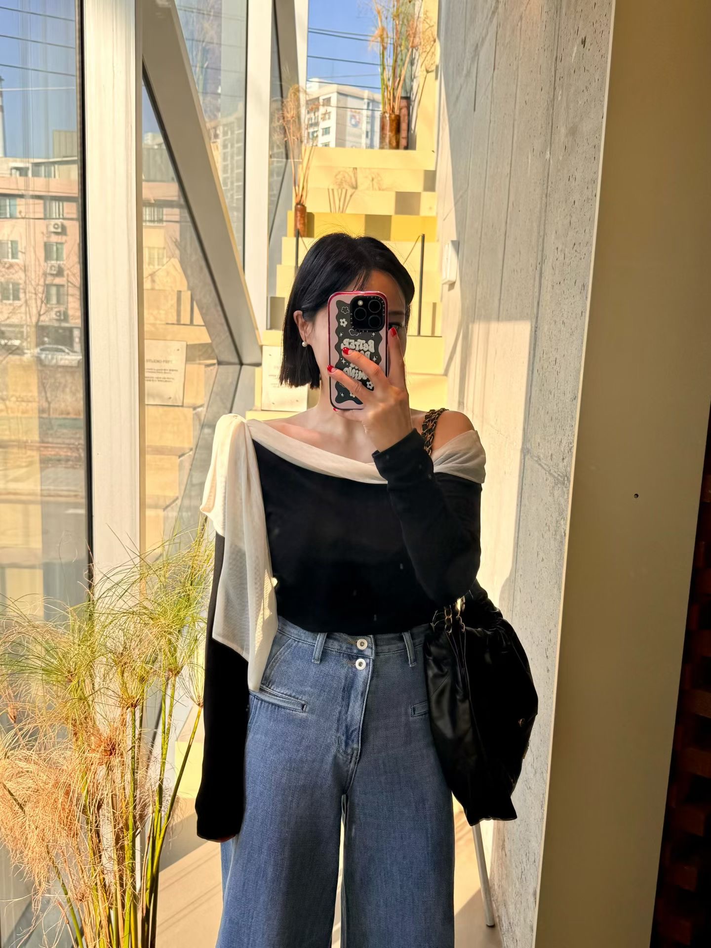 撞色拼接綁結領薄款Ｔ