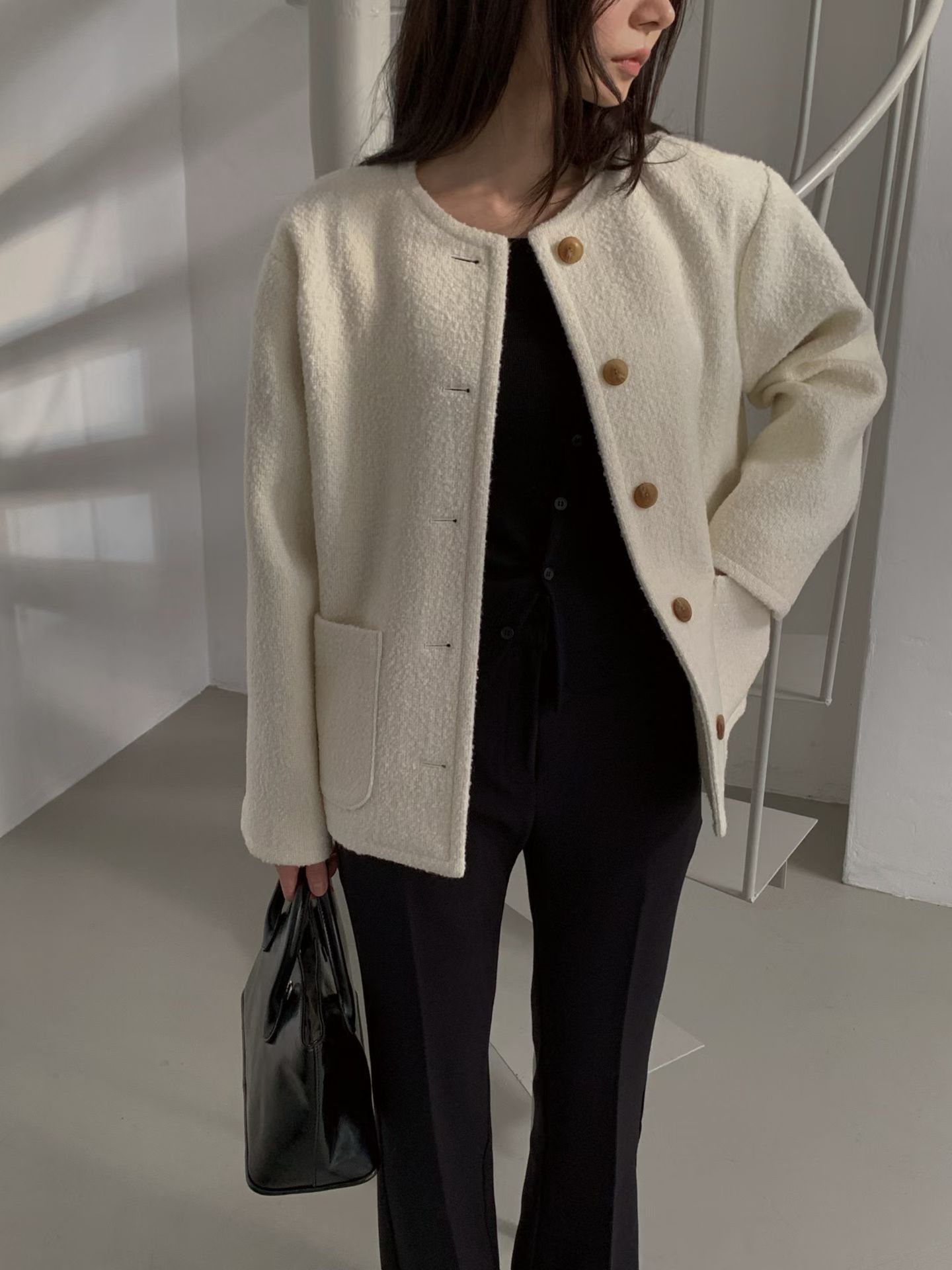 長版圓領羊毛80%雙口袋外套