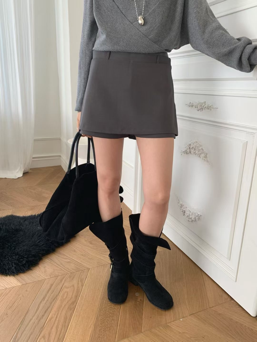 側拉鍊開衩西裝短褲裙(灰M現貨）