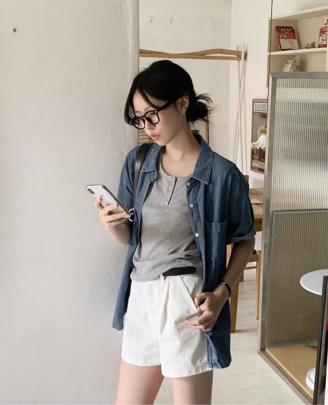 水洗軟牛仔布料短袖襯衫