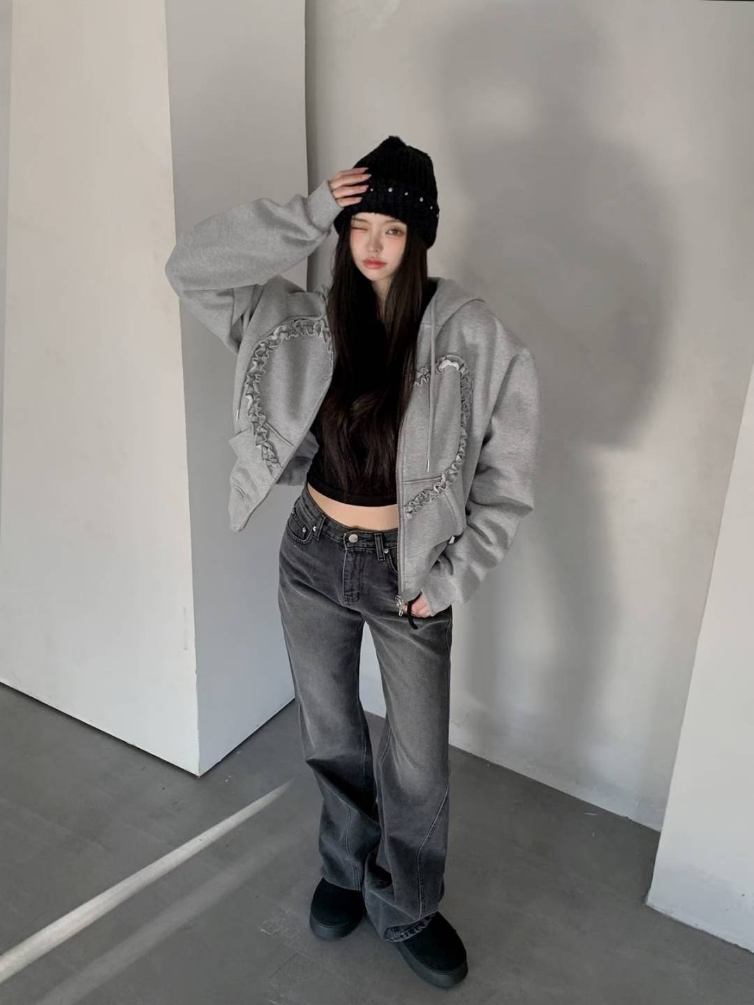 （代客找款)高腰刷色壓線闊腿褲