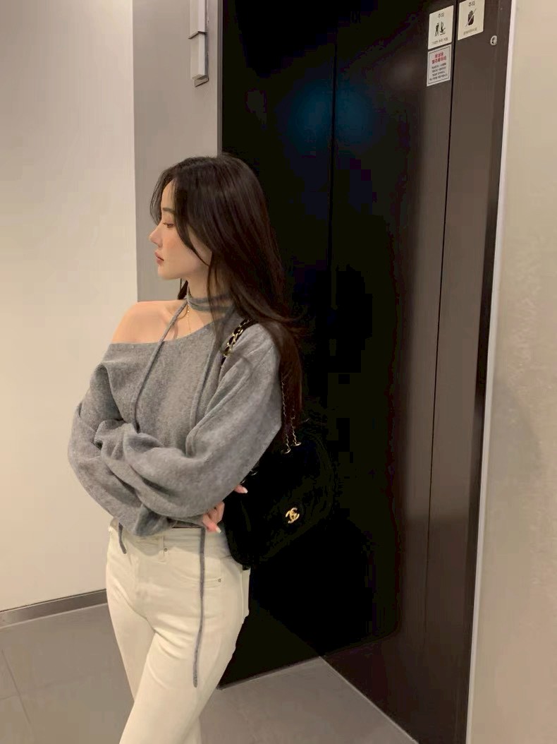 (客訂勿下單)領綁結斜肩素色針織衣