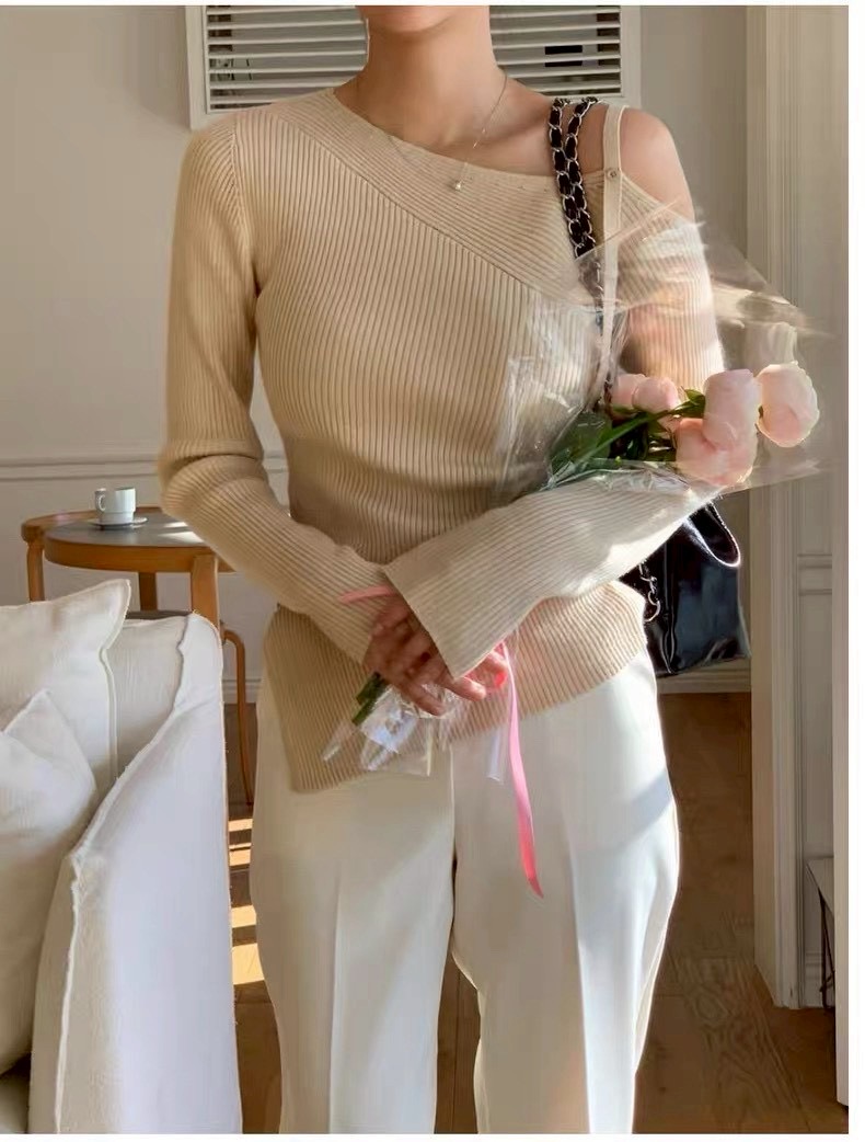 可拆單肩斜領下開衩針織衣