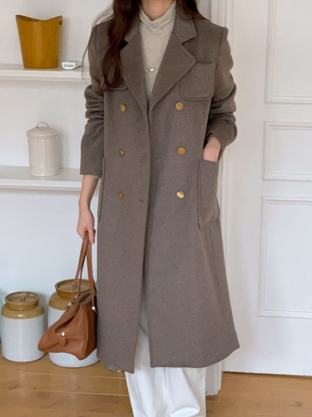 口袋雙排金扣羊毛50%長版大衣(附綁帶)
