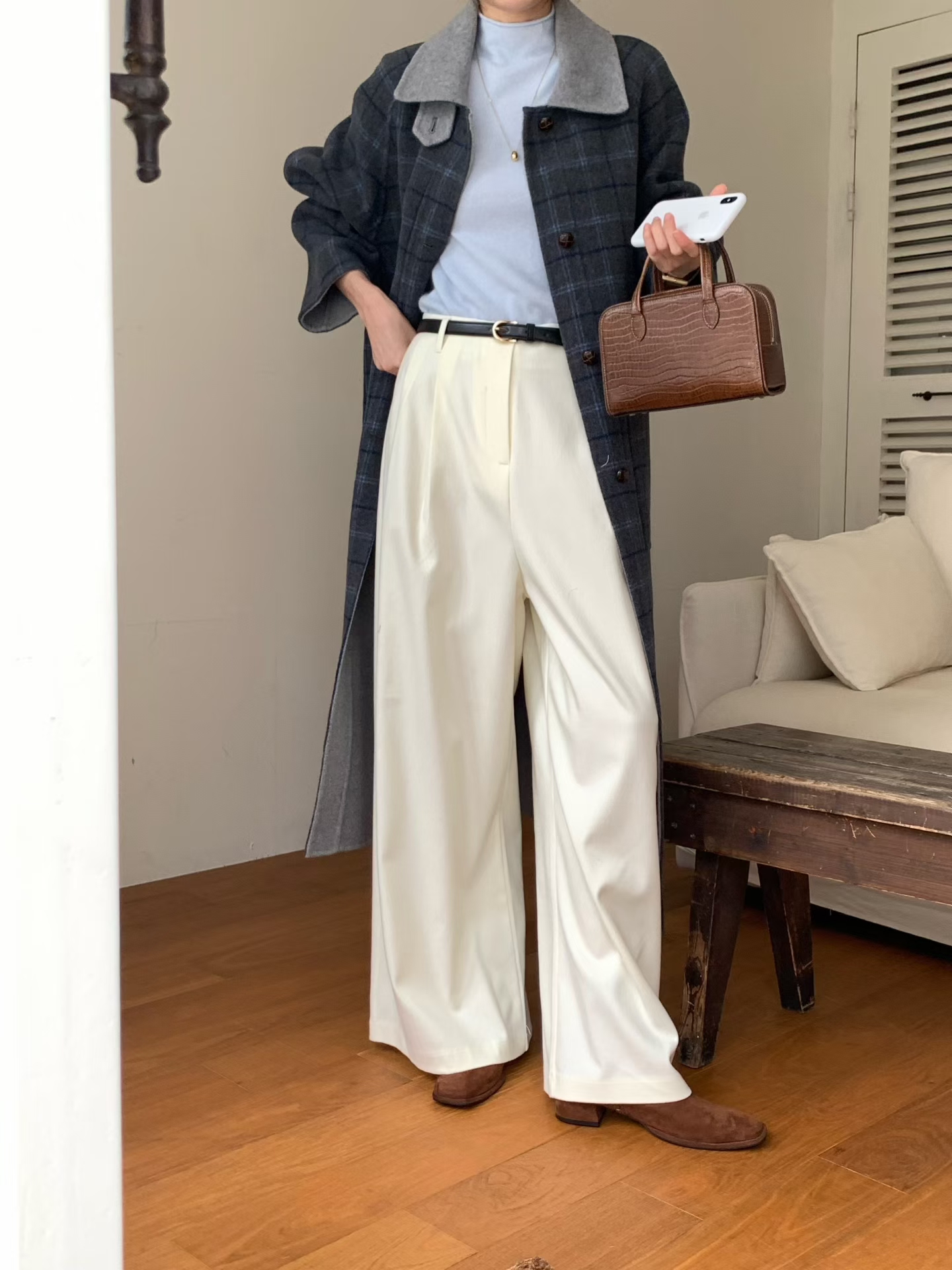 後鬆緊前壓褶秋冬厚款寬褲（附皮帶)