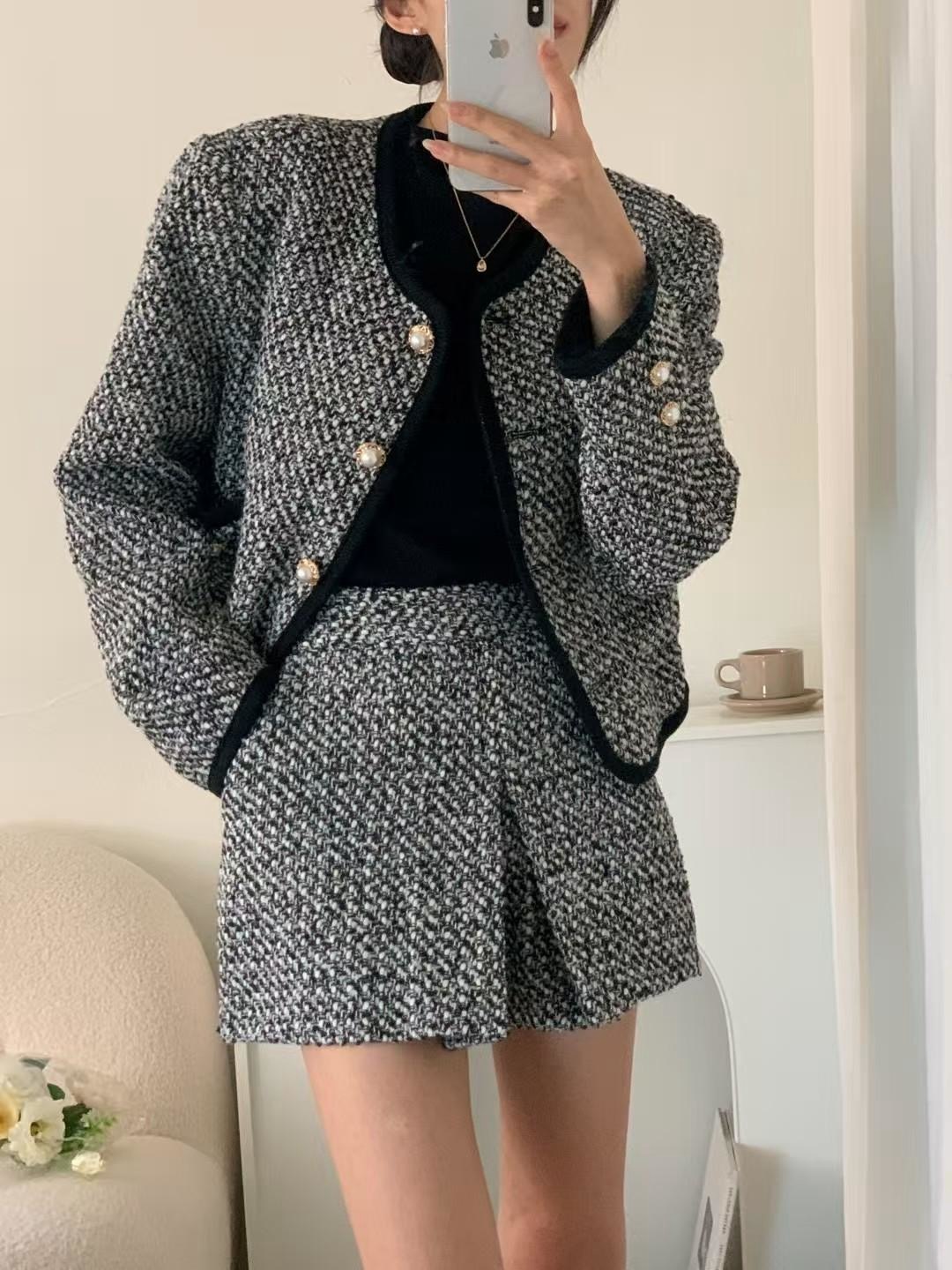 滾邊金釦毛呢小心外套＋後鬆緊短褲SET(可拆買）