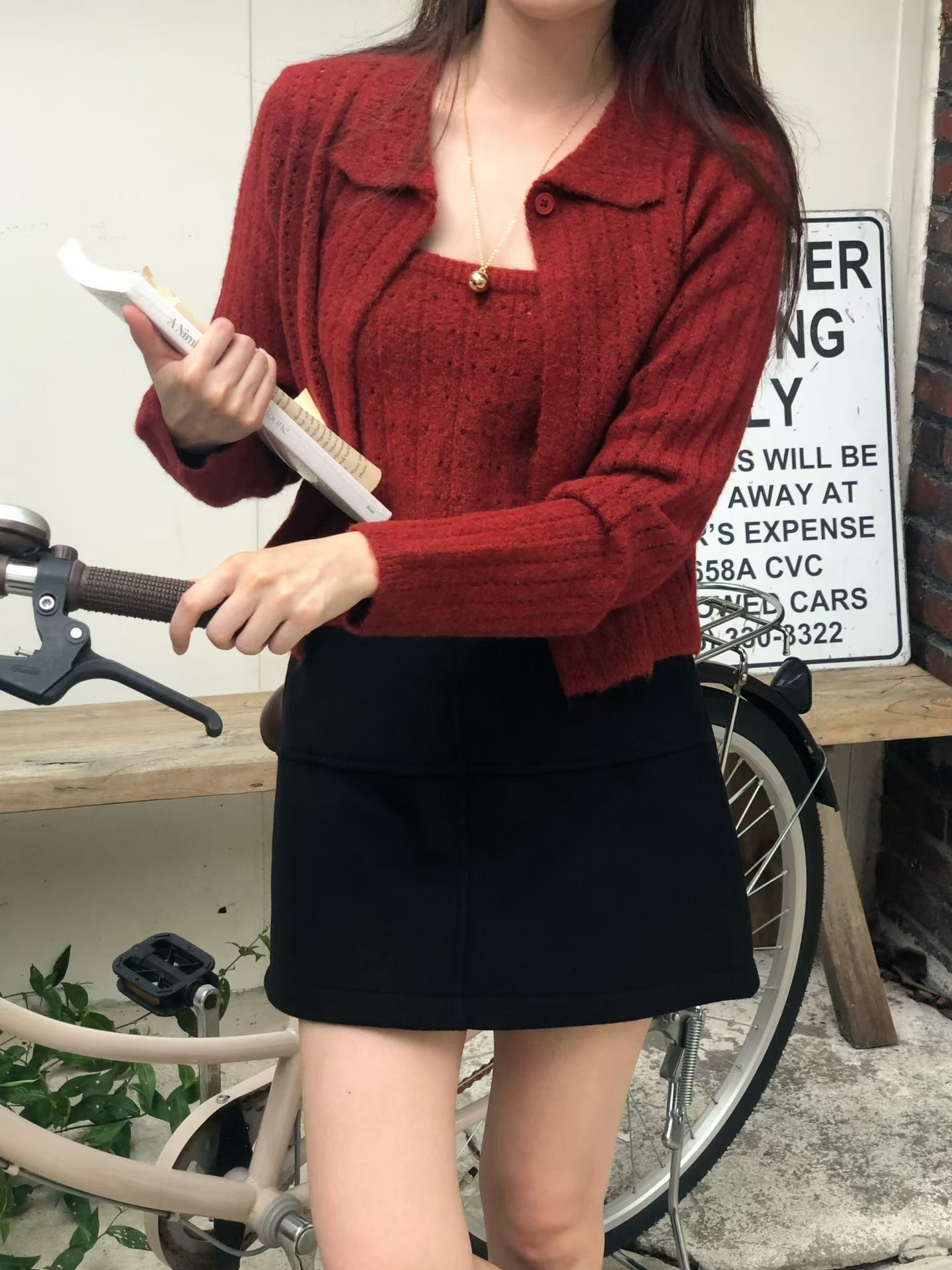 鏤空針織背心＋翻領單釦短版外套SET