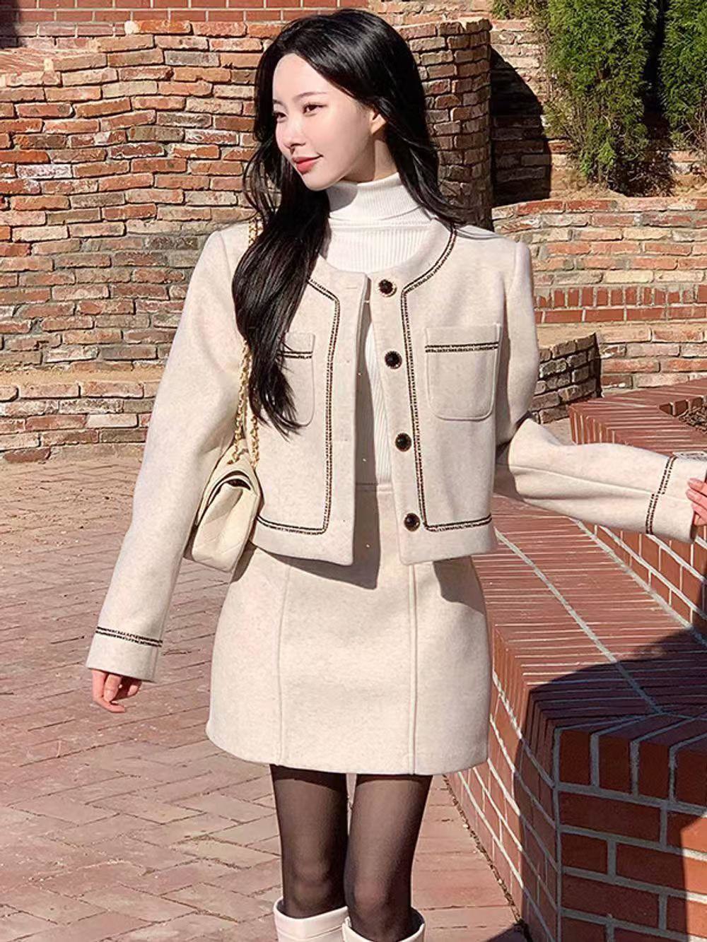 編織紋雙口袋小香外套+裙子SET