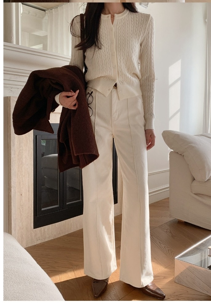 白色內刷毛前壓線直筒小寬褲