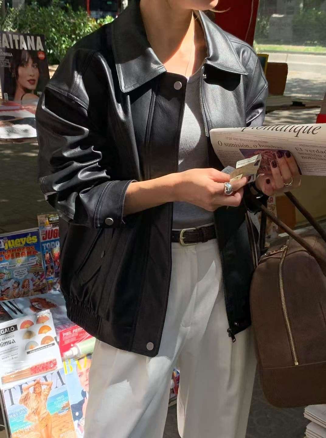 寬鬆翻領皮外套