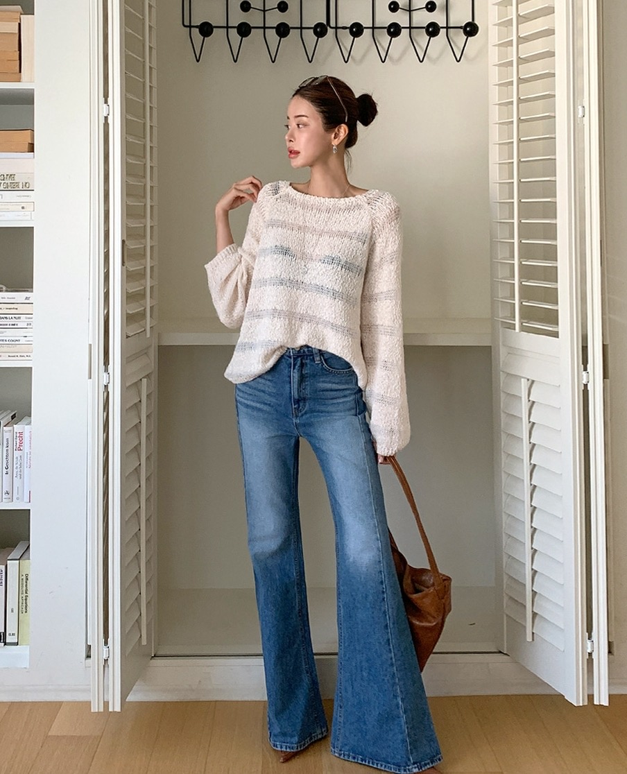 落肩寬鬆橫紋鏤空微透薄針織衫