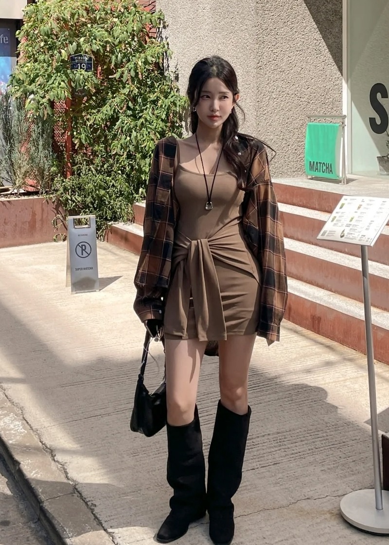 扭結造型背心短洋＋寬鬆格紋襯衫SET